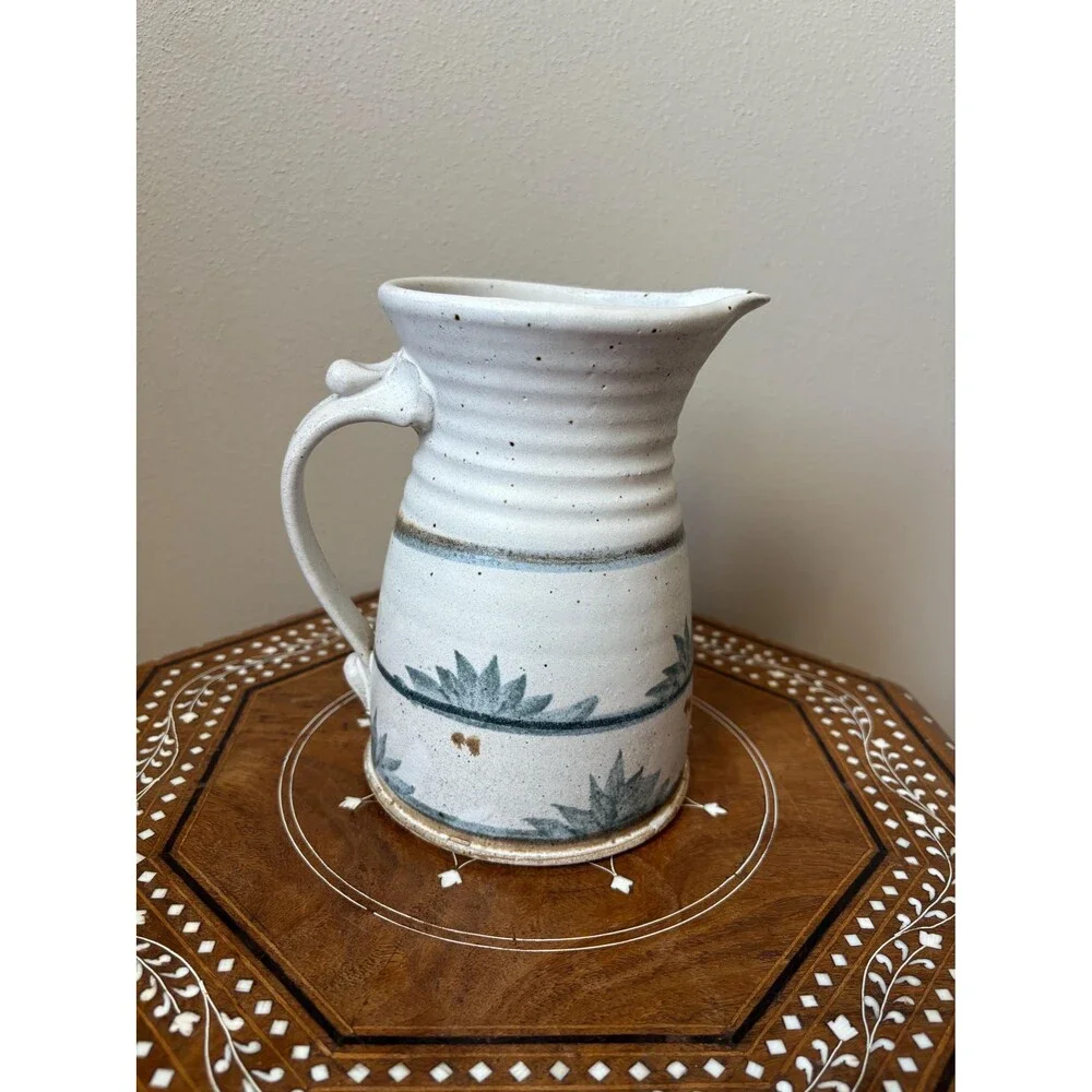 Vintage Speckled Stoneware Pottery Pitcher Vase Blue Florals Leafs Artist Signed
